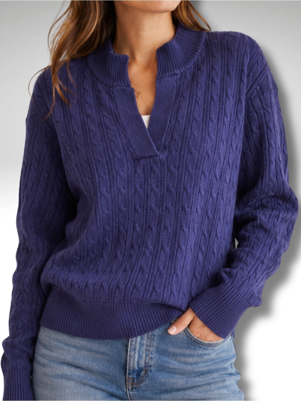Navy Ribbed Split-Neck Sweater – Liz Claiborne 100% Cotton, Classic Knit (L)